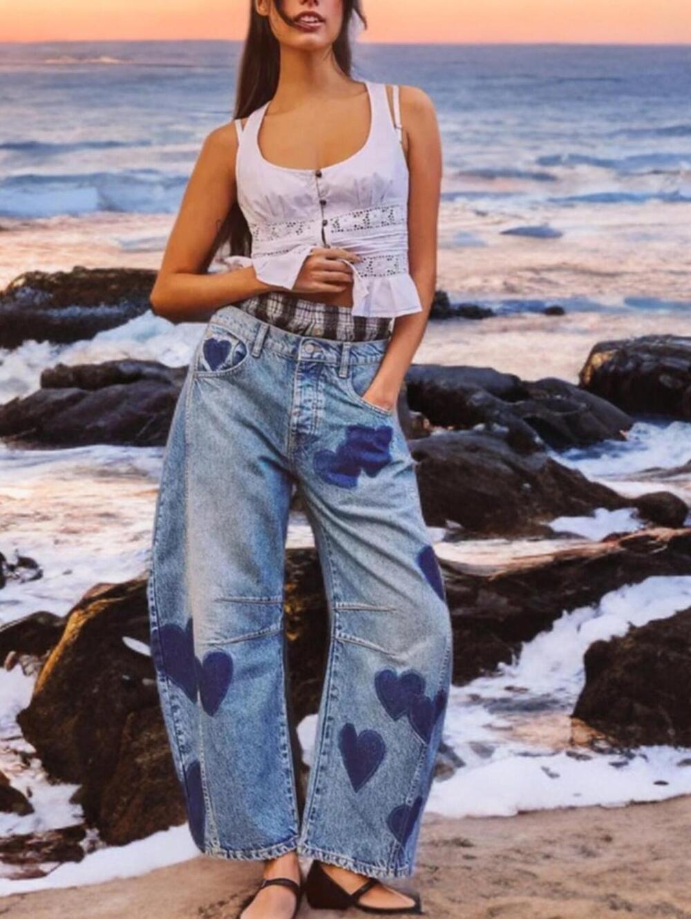 NWT BARREL Y2K | SZ S | Mid - High Rise Slouchy Ankle Cropped Denim Heart Jeans - Picture 3 of 9